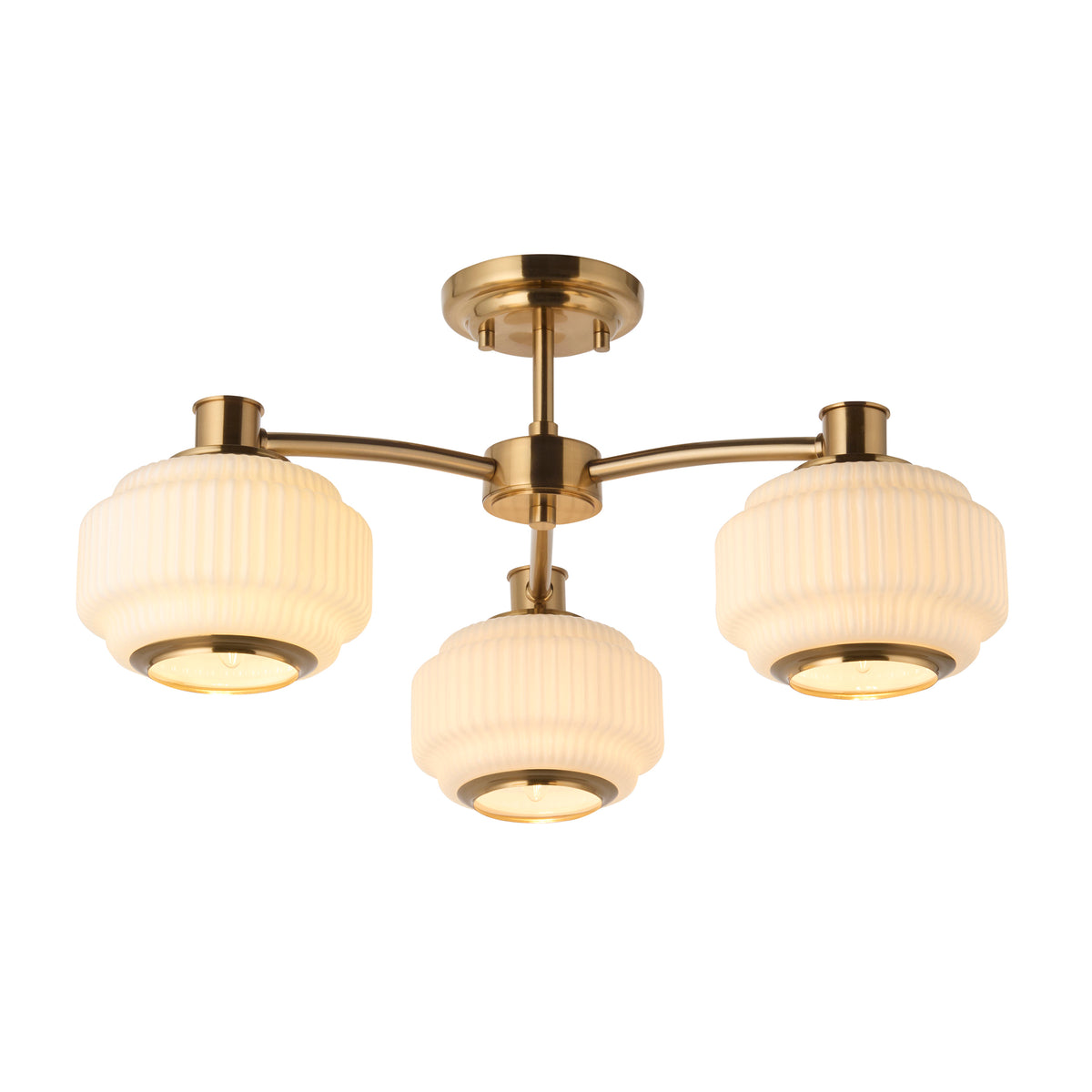 Endon Evora 3lt Semi Flush Brushed aged brass plate & opal ribbed glass