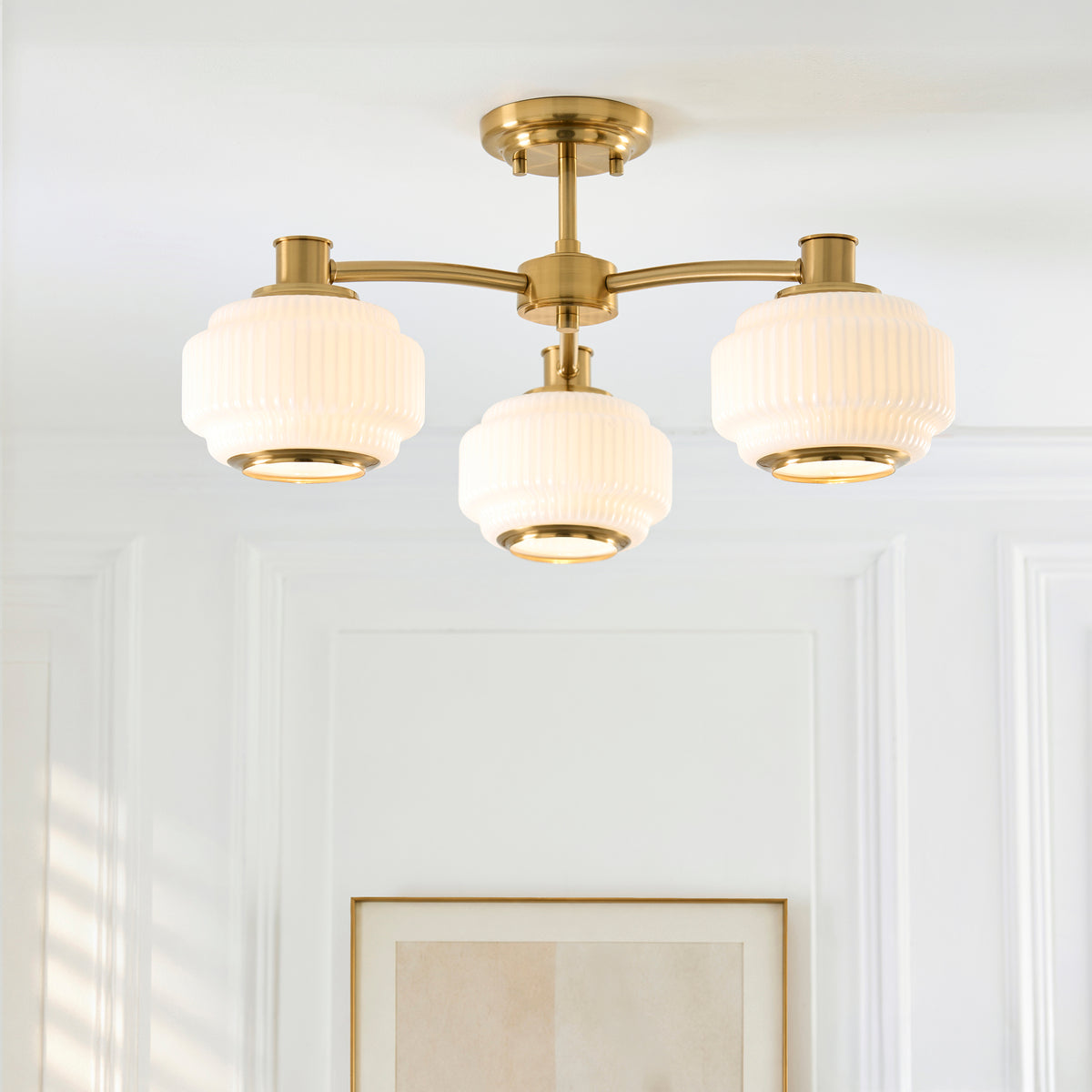 Endon Evora 3lt Semi Flush Brushed aged brass plate & opal ribbed glass