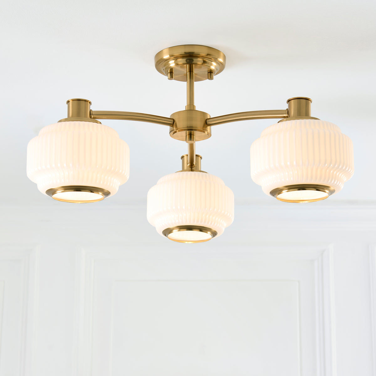 Endon Evora 3lt Semi Flush Brushed aged brass plate & opal ribbed glass