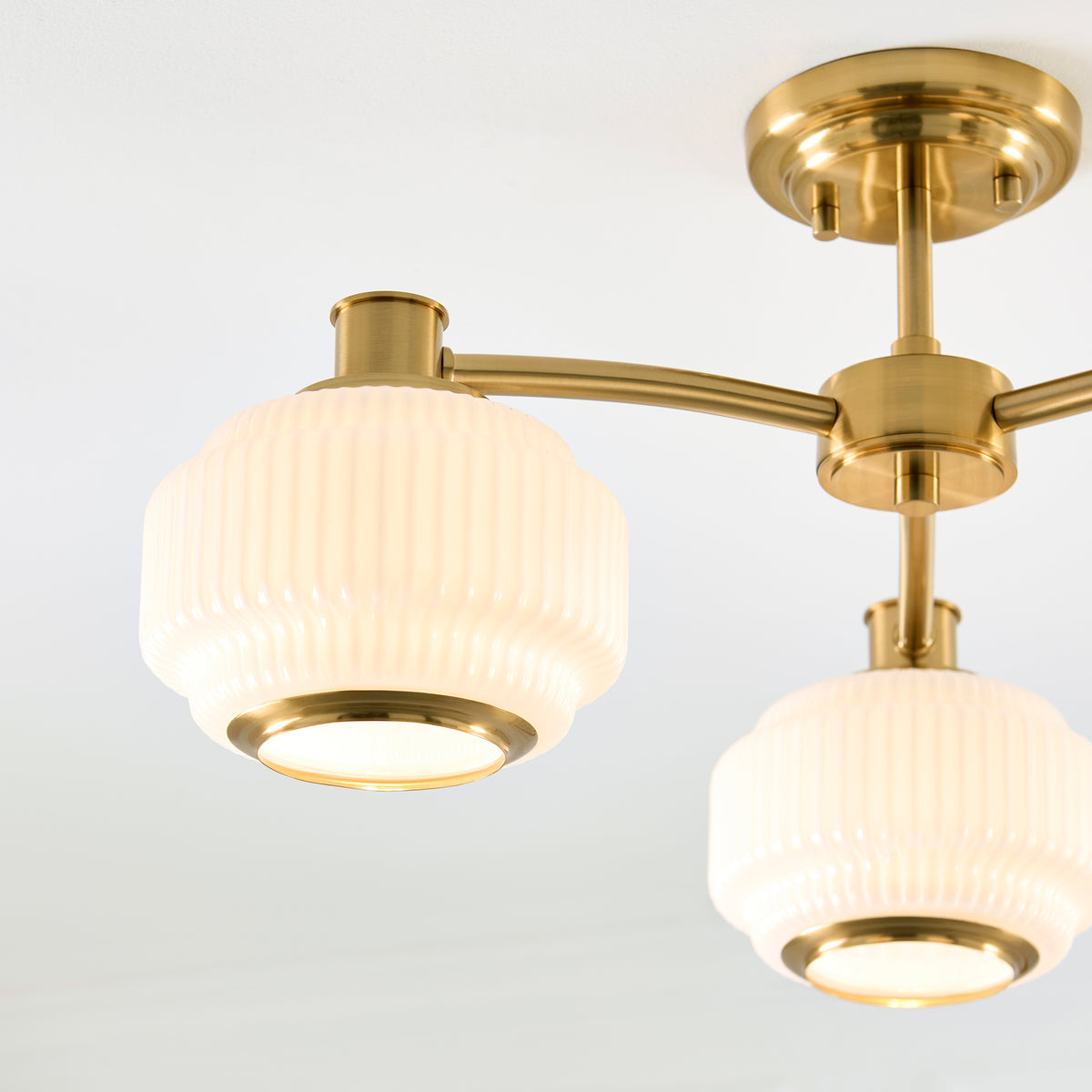Endon Evora 3lt Semi Flush Brushed aged brass plate & opal ribbed glass