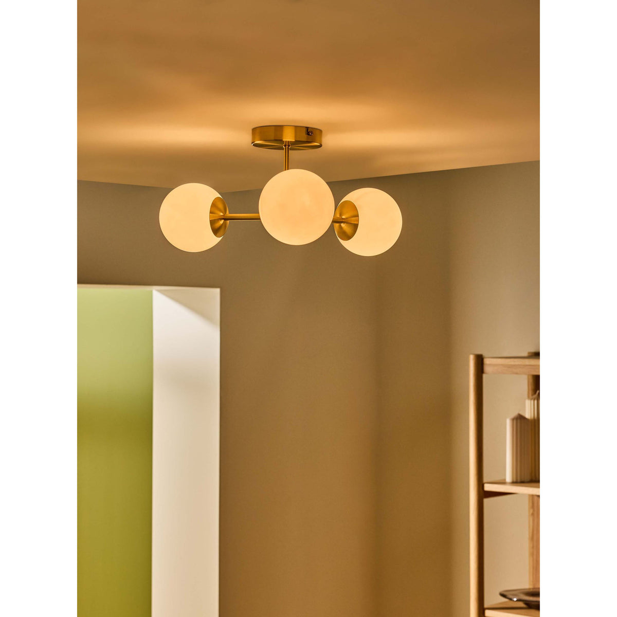 MADE.COM Brass/Opal Globe 3 Light Flush Ceiling