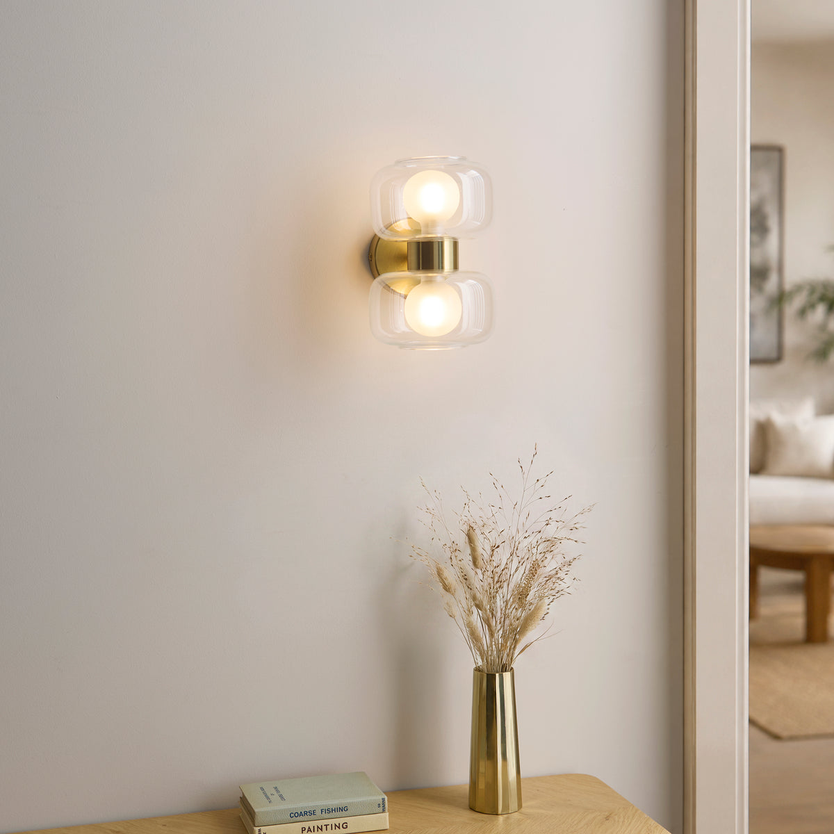 Endon Rossano 2lt Wall Warm brass plate & clear/frosted glass