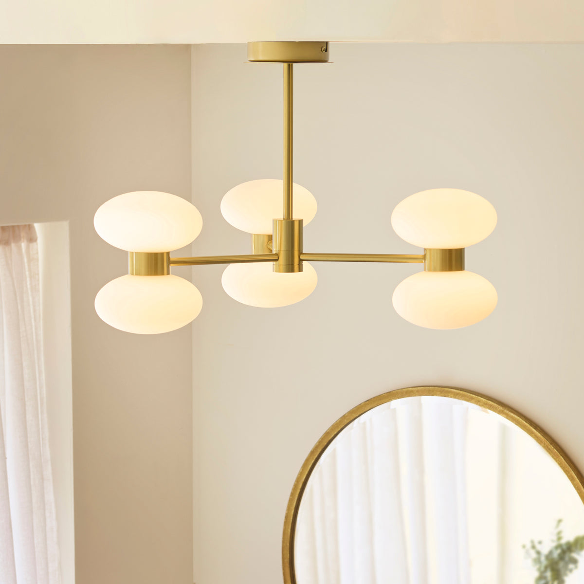Endon Rossano 6lt Semi Flush Warm brass plate & opal glass