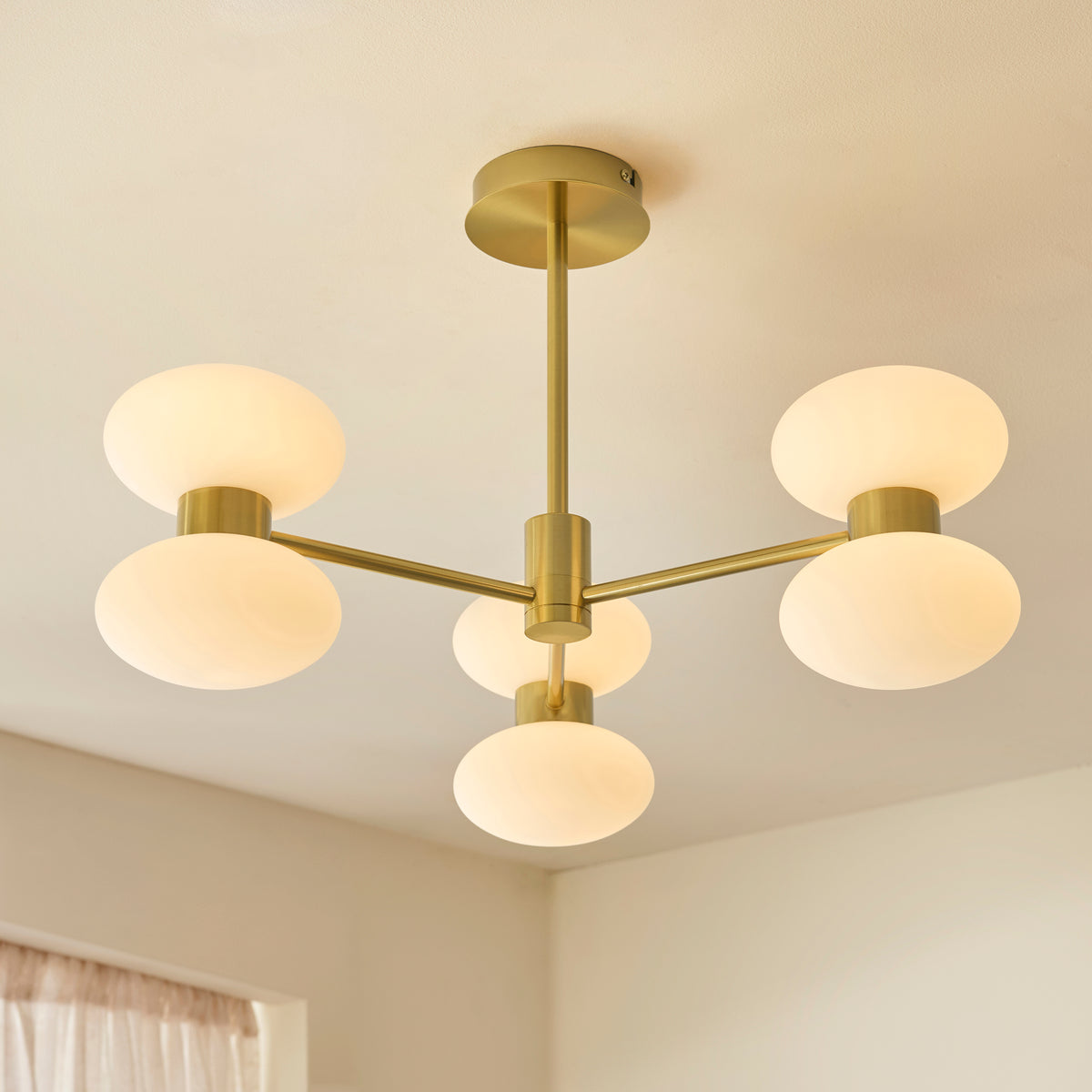 Endon Rossano 6lt Semi Flush Warm brass plate & opal glass