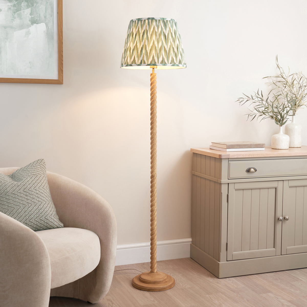 Endon Twist & ZigZag 40cm Floor Oak effect resin & cotswold green fabric