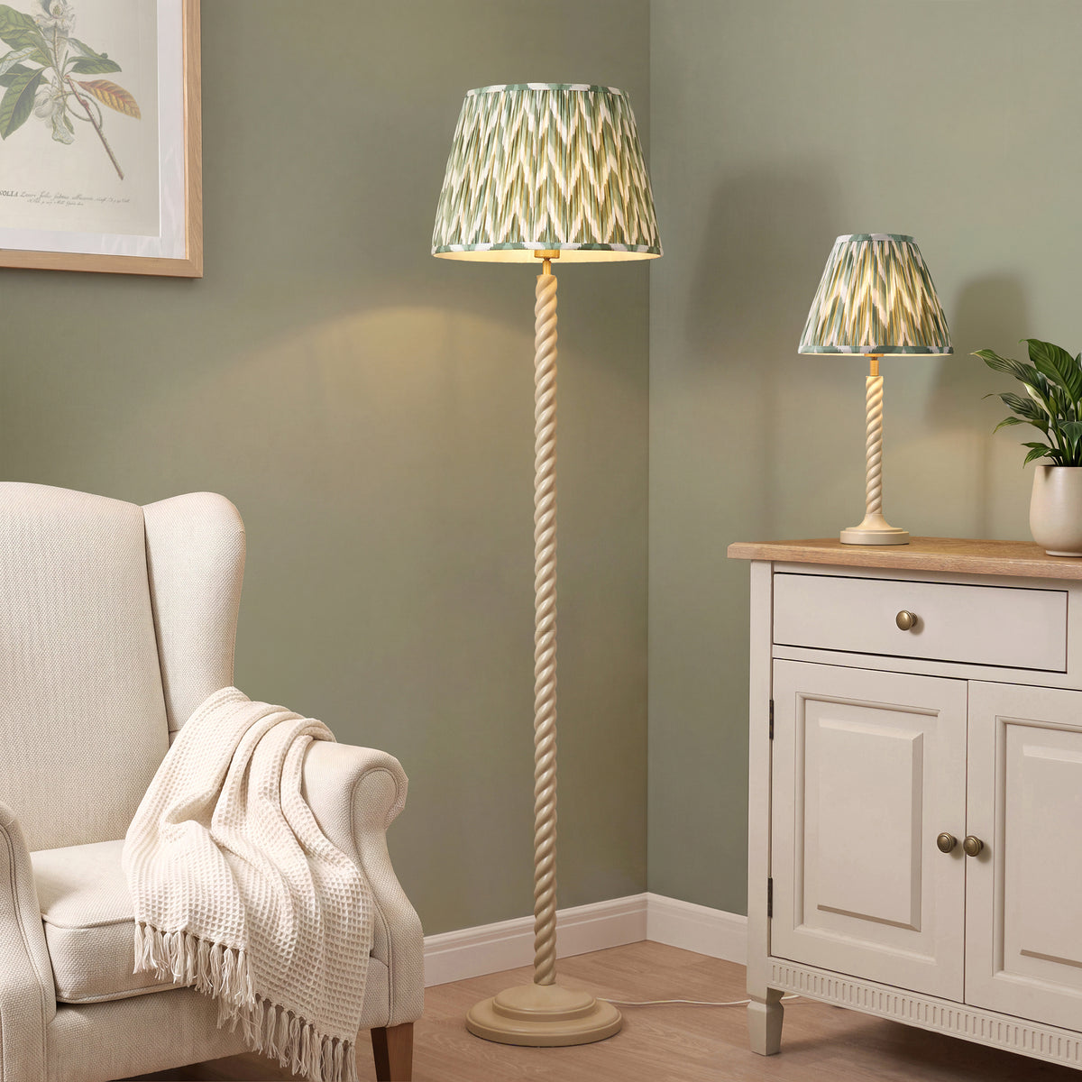Endon Twist & ZigZag 40cm Floor Satin almond white paint & cotswold green fabric