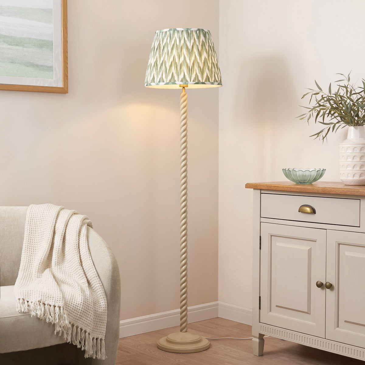 Endon Twist & ZigZag 40cm Floor Satin almond white paint & cotswold green fabric