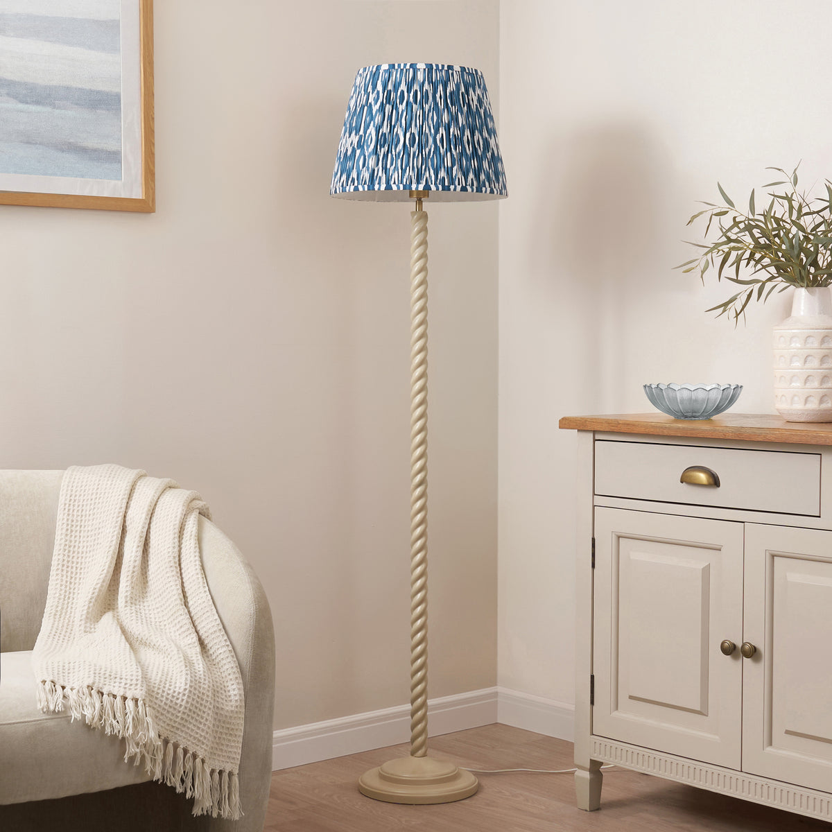 Endon Twist & Ikat 40cm Floor Satin almond white paint & marlin blue fabric