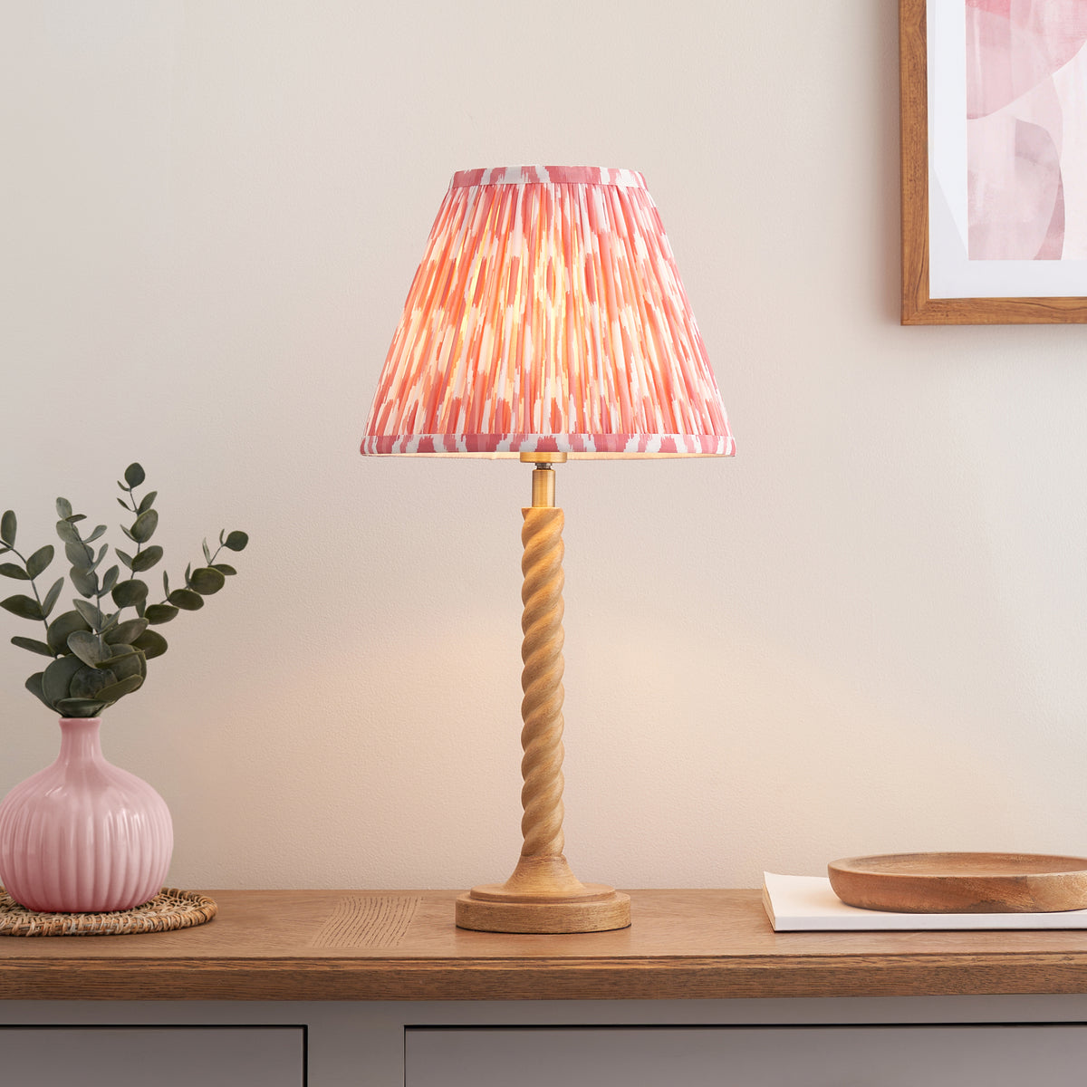 Endon Twist & Ikat 25cm Table Oak effect resin & coral pink fabric