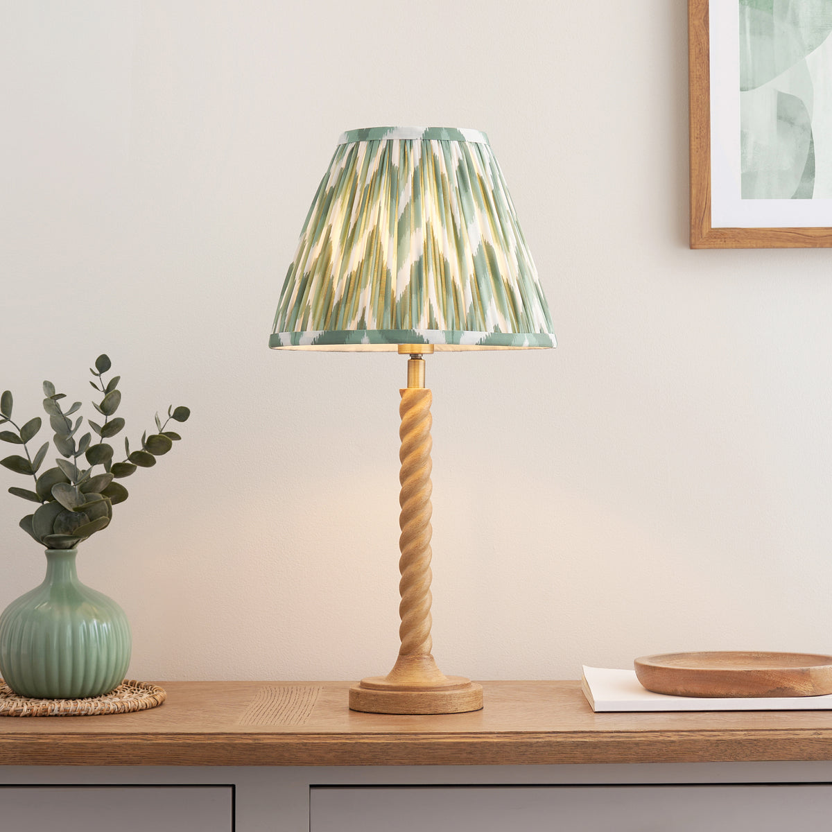 Endon Twist & Zigzag25cm Table Oak effect resin & cotswold green fabric