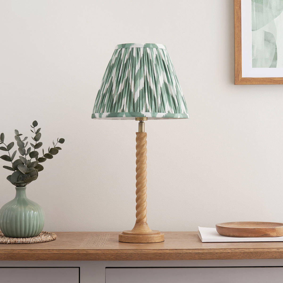 Endon Twist & Zigzag25cm Table Oak effect resin & cotswold green fabric
