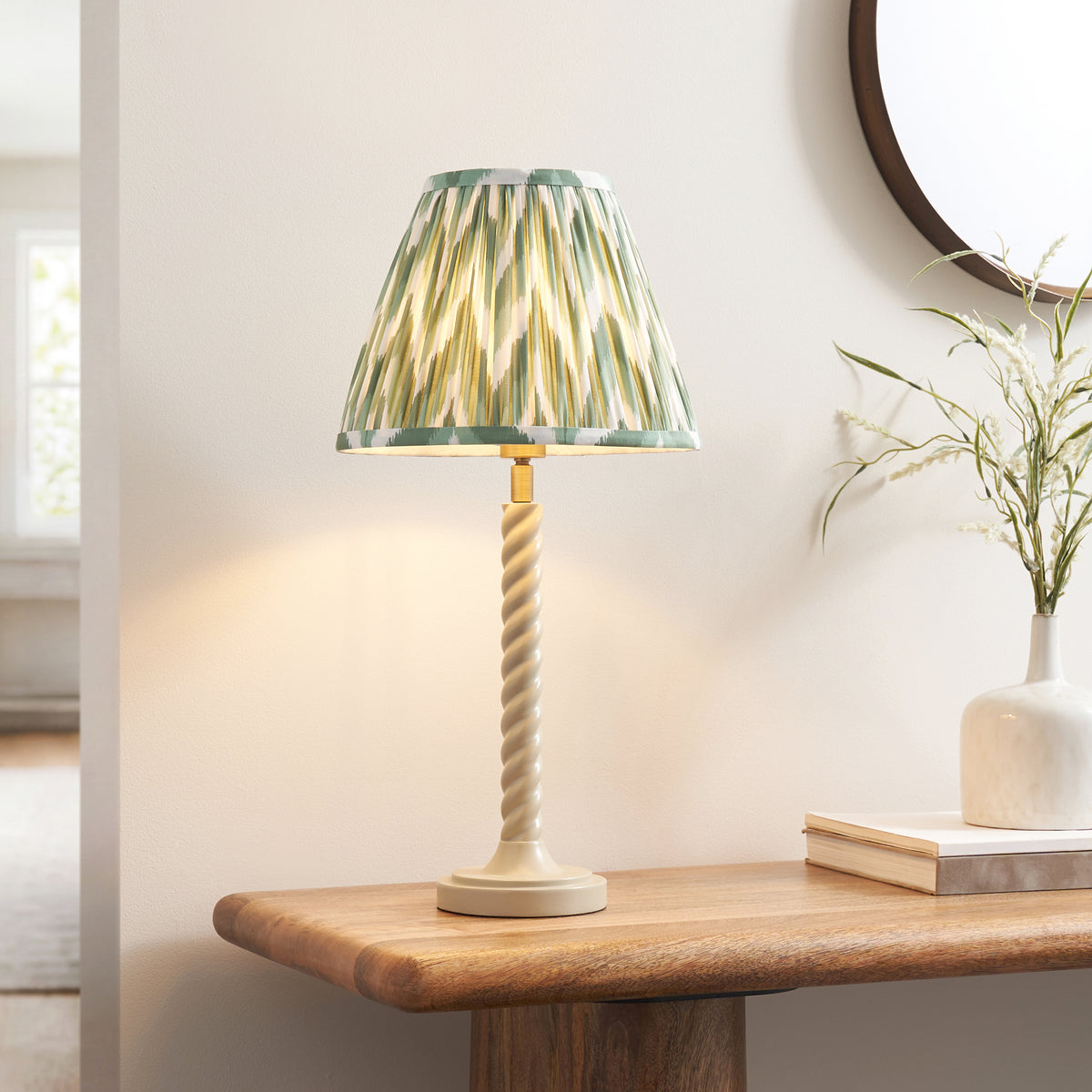 Endon Twist & Zigzag 25cm Table Satin almond white paint & cotswold green fabric