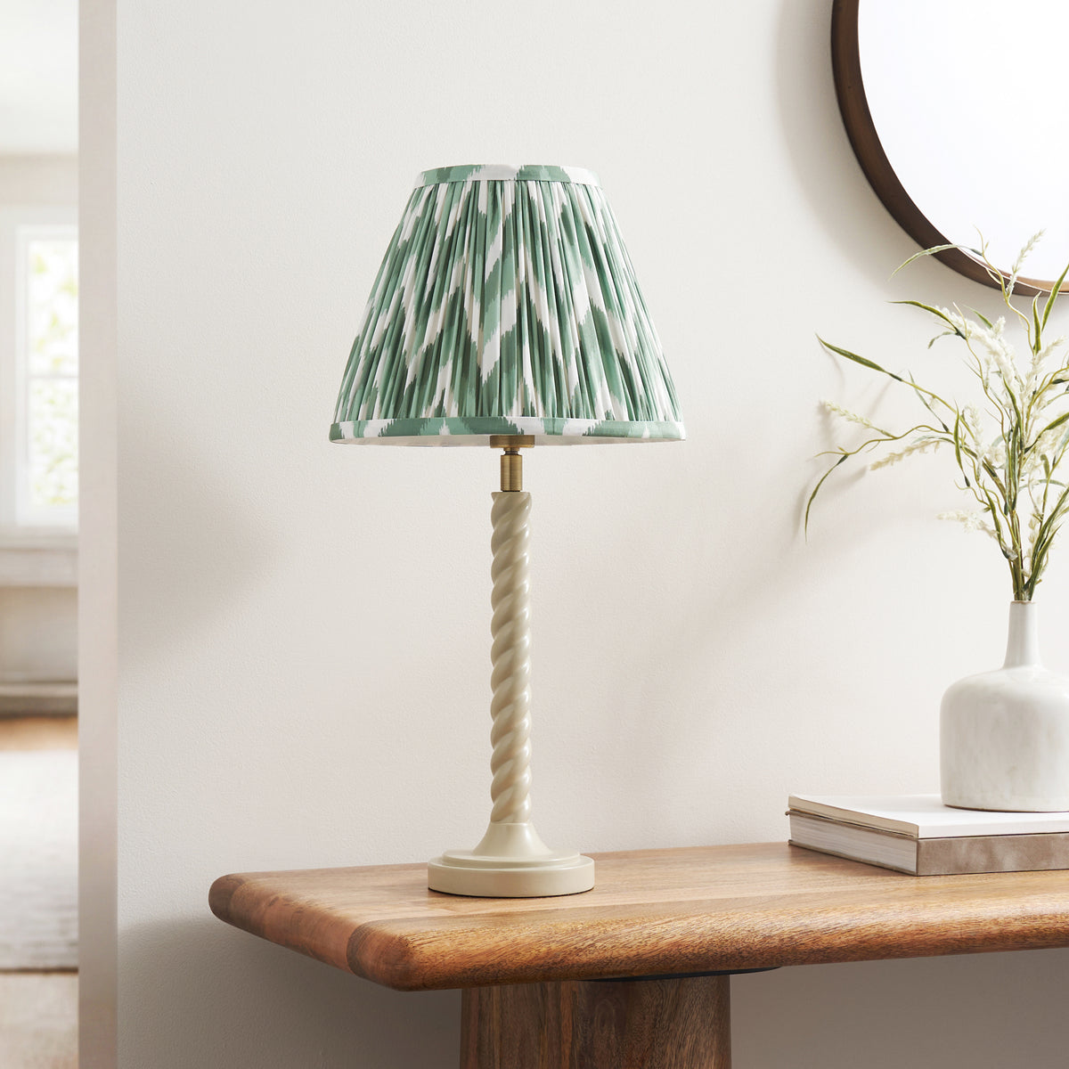 Endon Twist & Zigzag 25cm Table Satin almond white paint & cotswold green fabric
