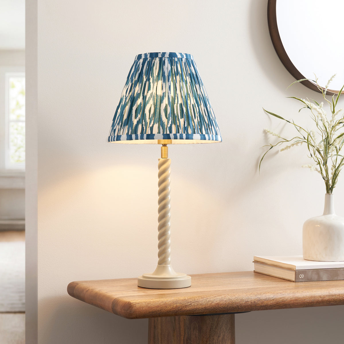 Endon Twist & Ikat 25cm Table Satin almond white paint & marlin blue fabric