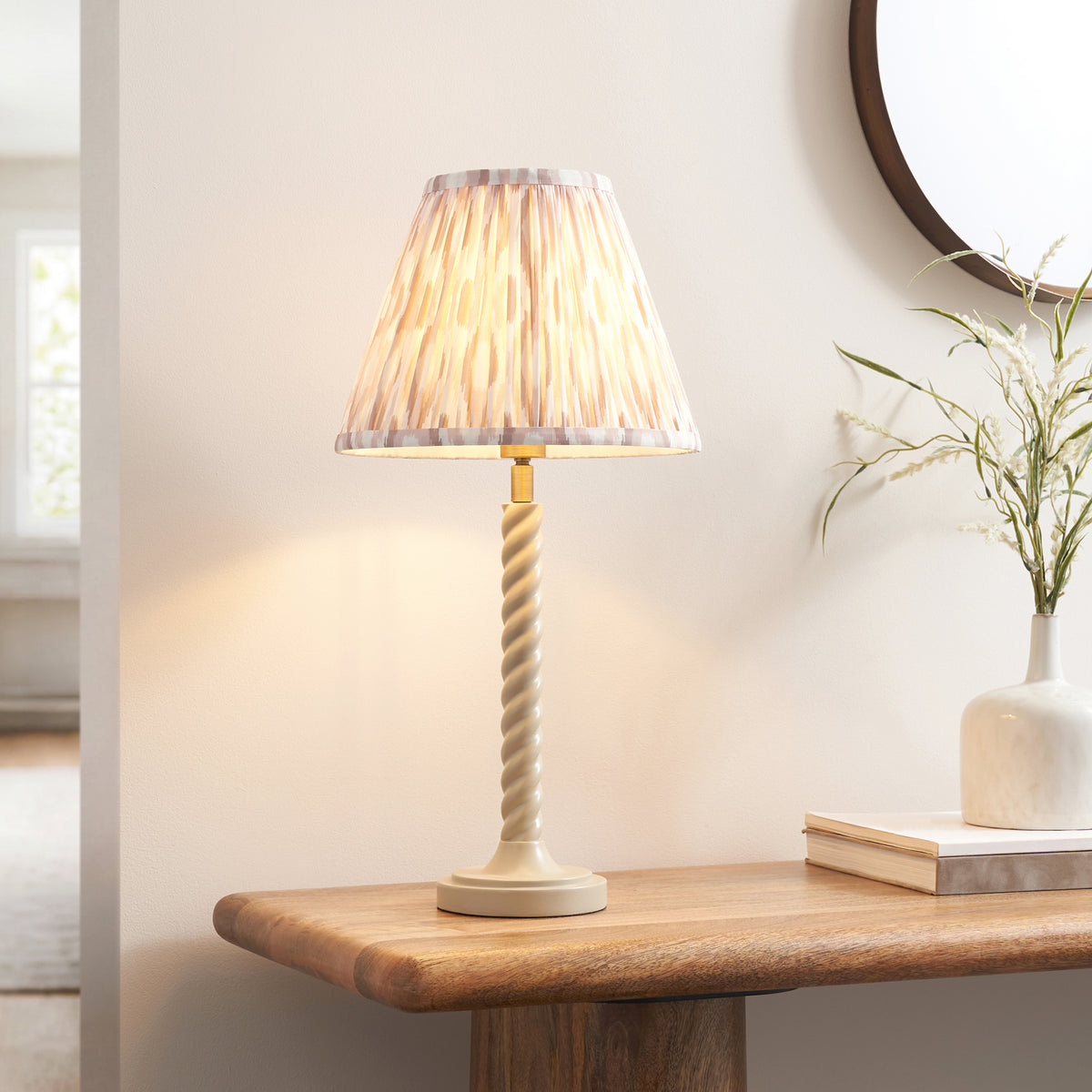 Endon Twist & Ikat 25cm Table Satin almond white paint & neutral print fabric