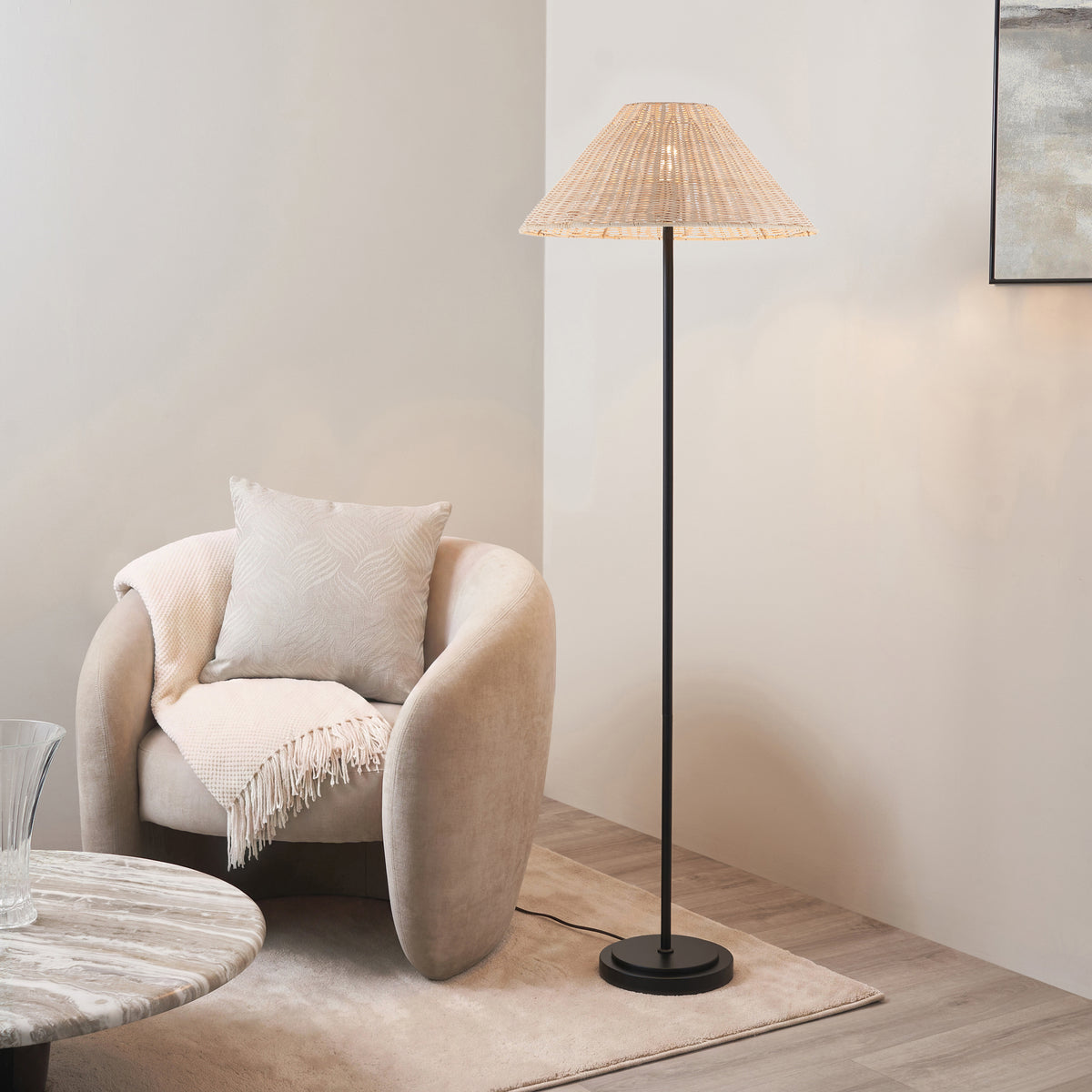 Endon Arlo & Rattan 52cm Floor Matt black & natural rattan