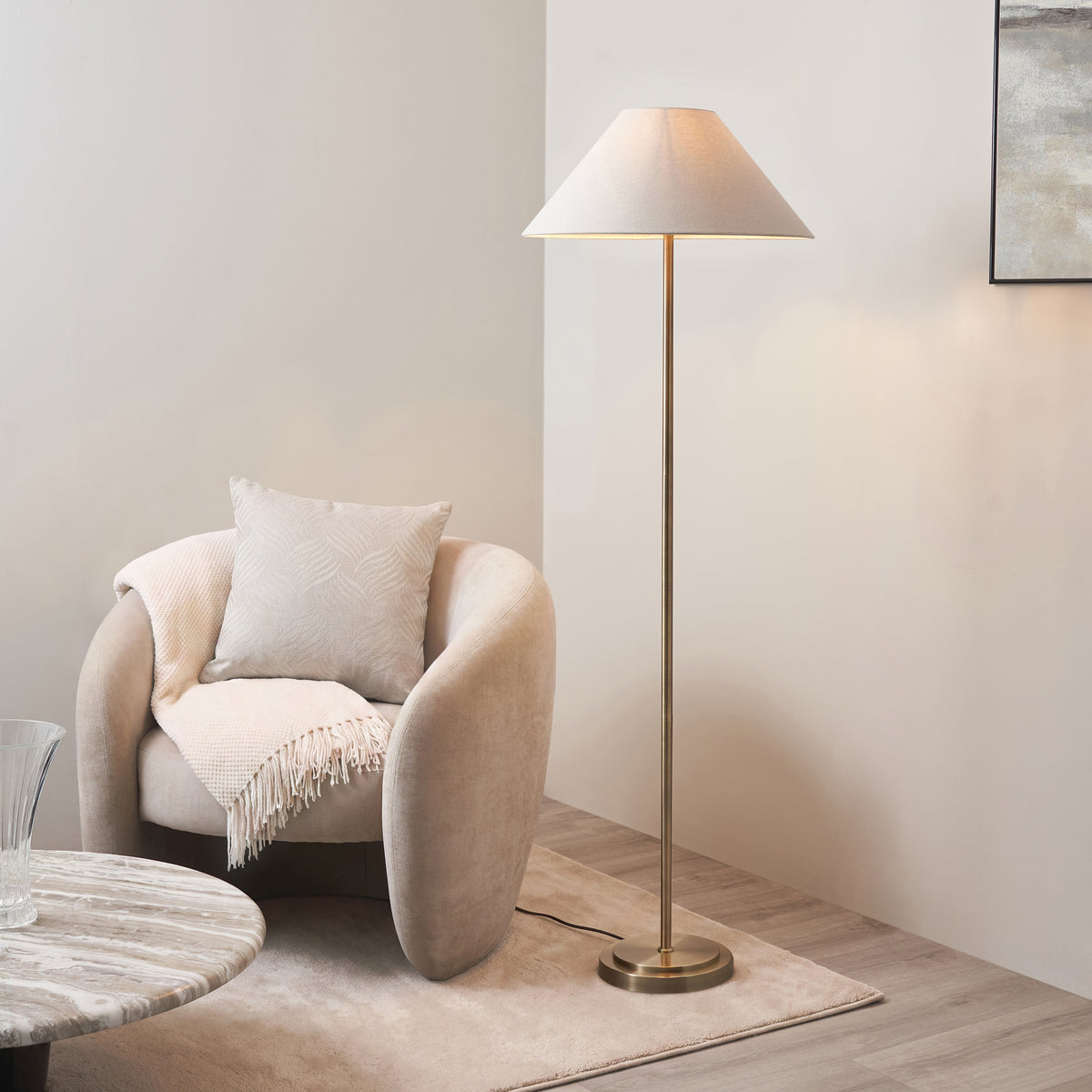 Endon Arlo & Avalon 52cm Floor Antique brass plate & natural linen