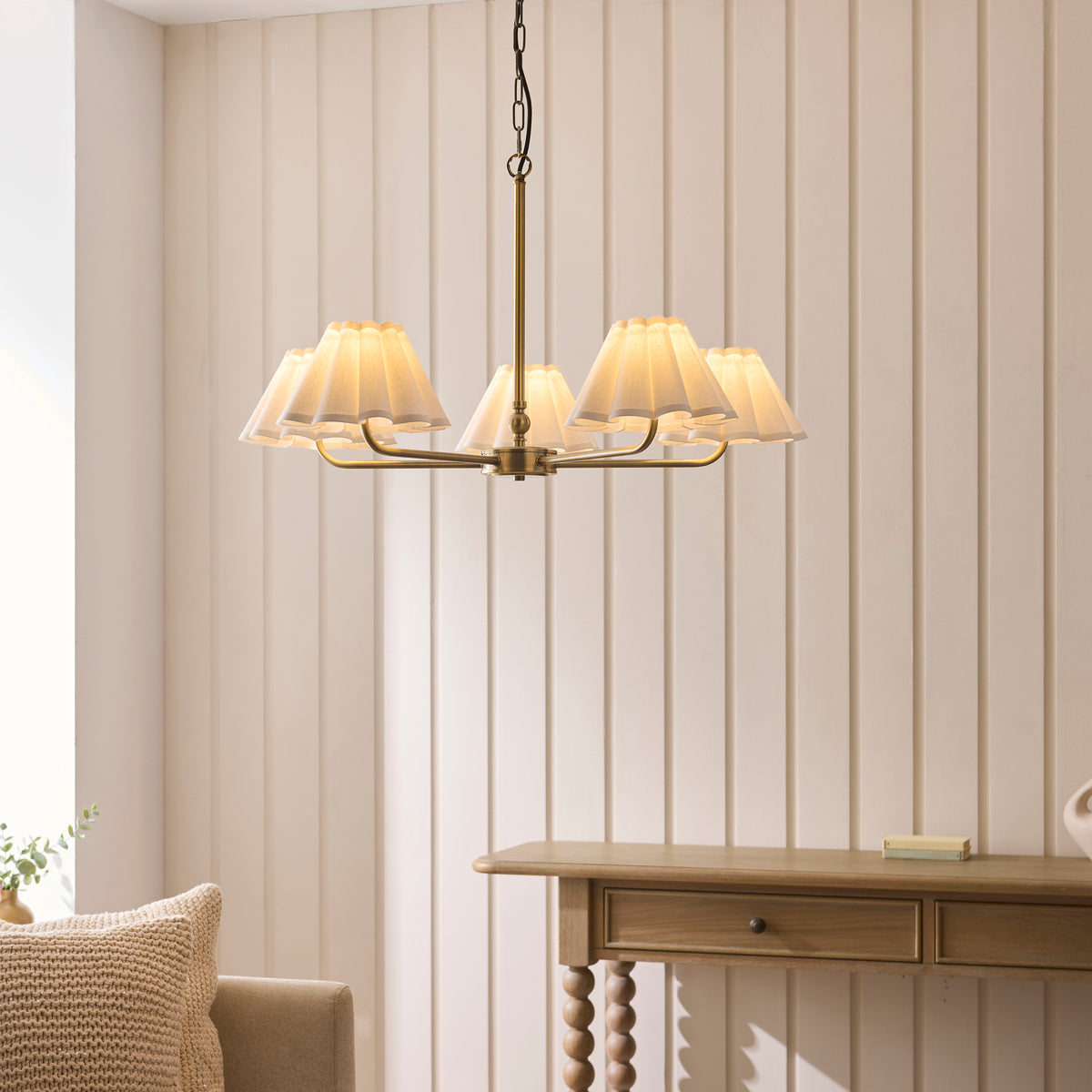 Endon Sylvie 5lt Pendant Antique brass plate & vintage white cotton