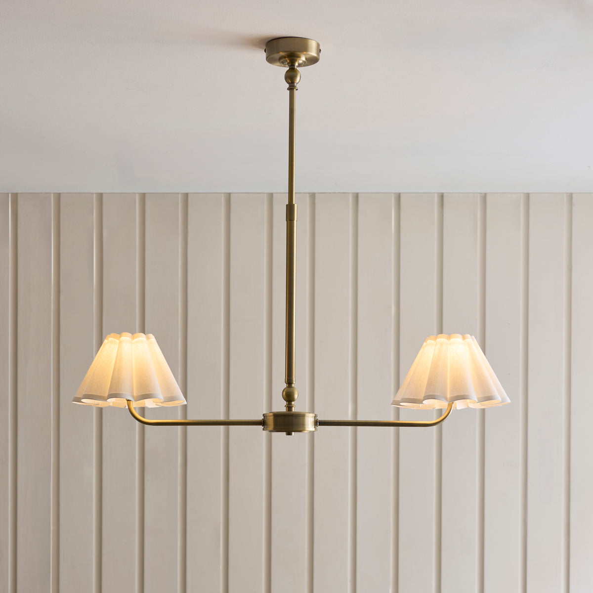 Endon Sylvie 2lt Linear Pendant Antique brass plate & vintage white cotton