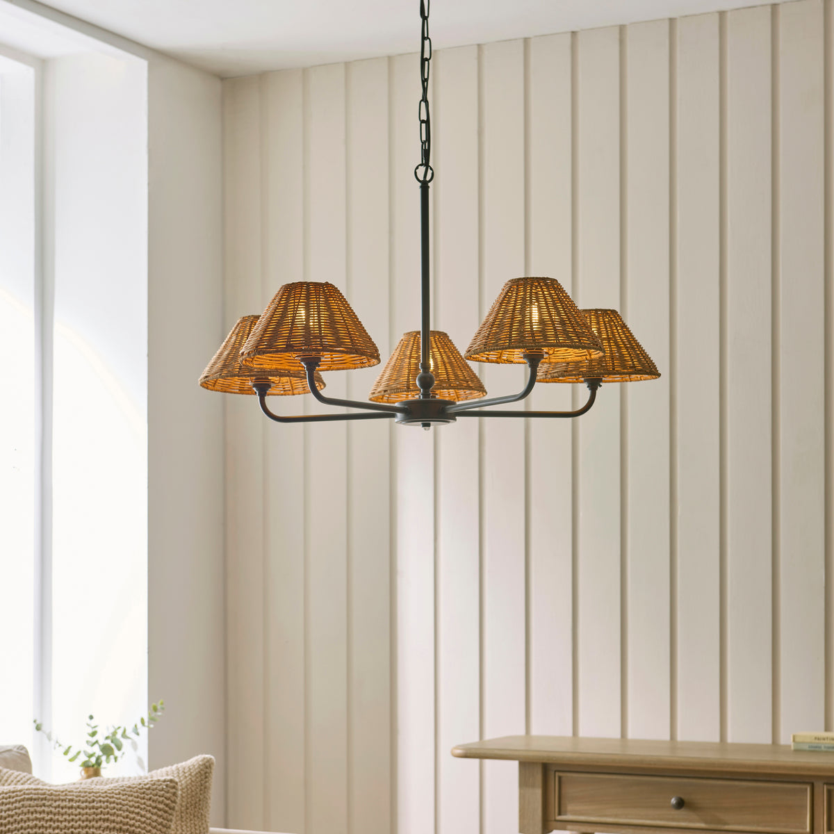 Endon Jericho 5lt Pendant Matt black & dark rattan