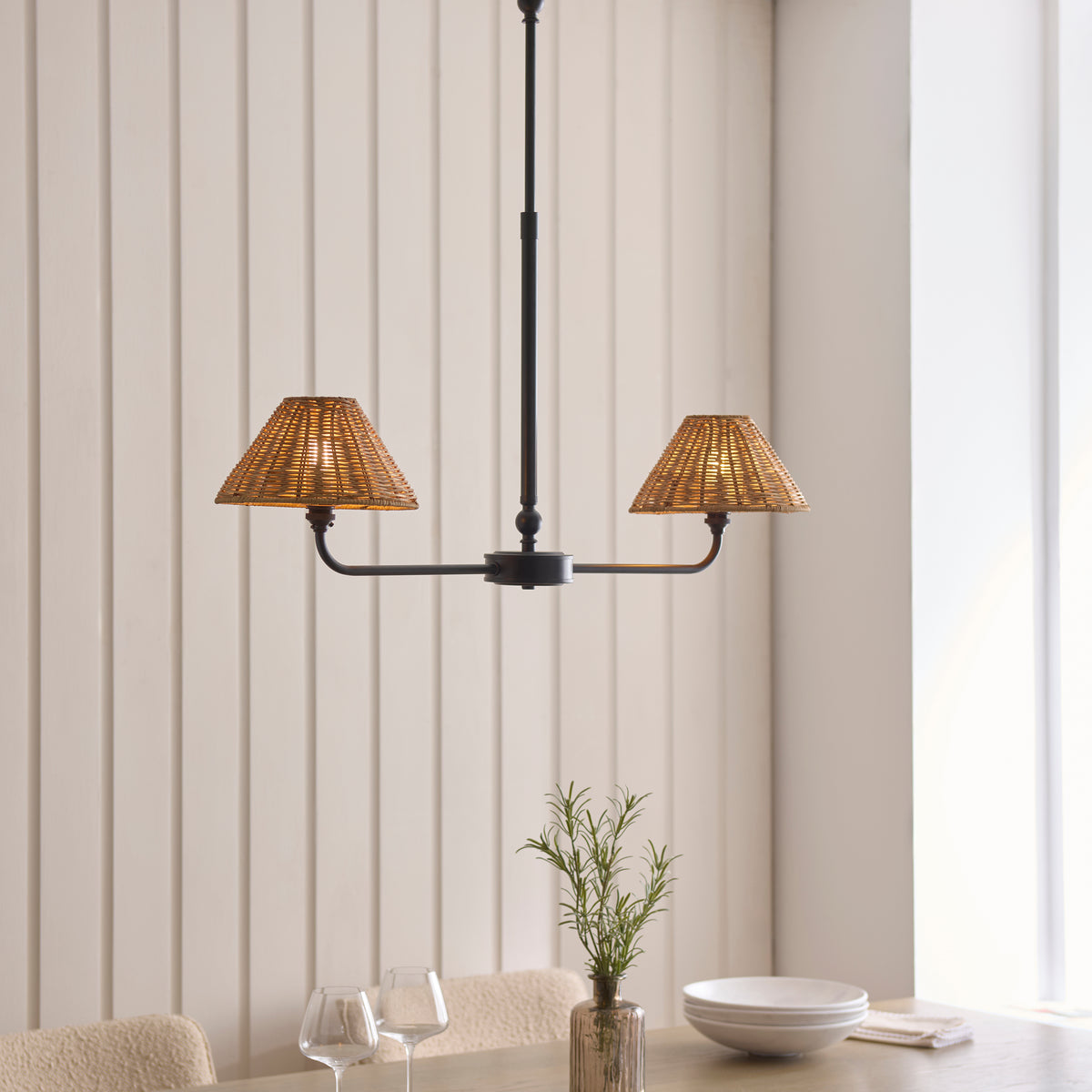 Endon Jericho 2lt Linear Pendant Matt black & dark rattan