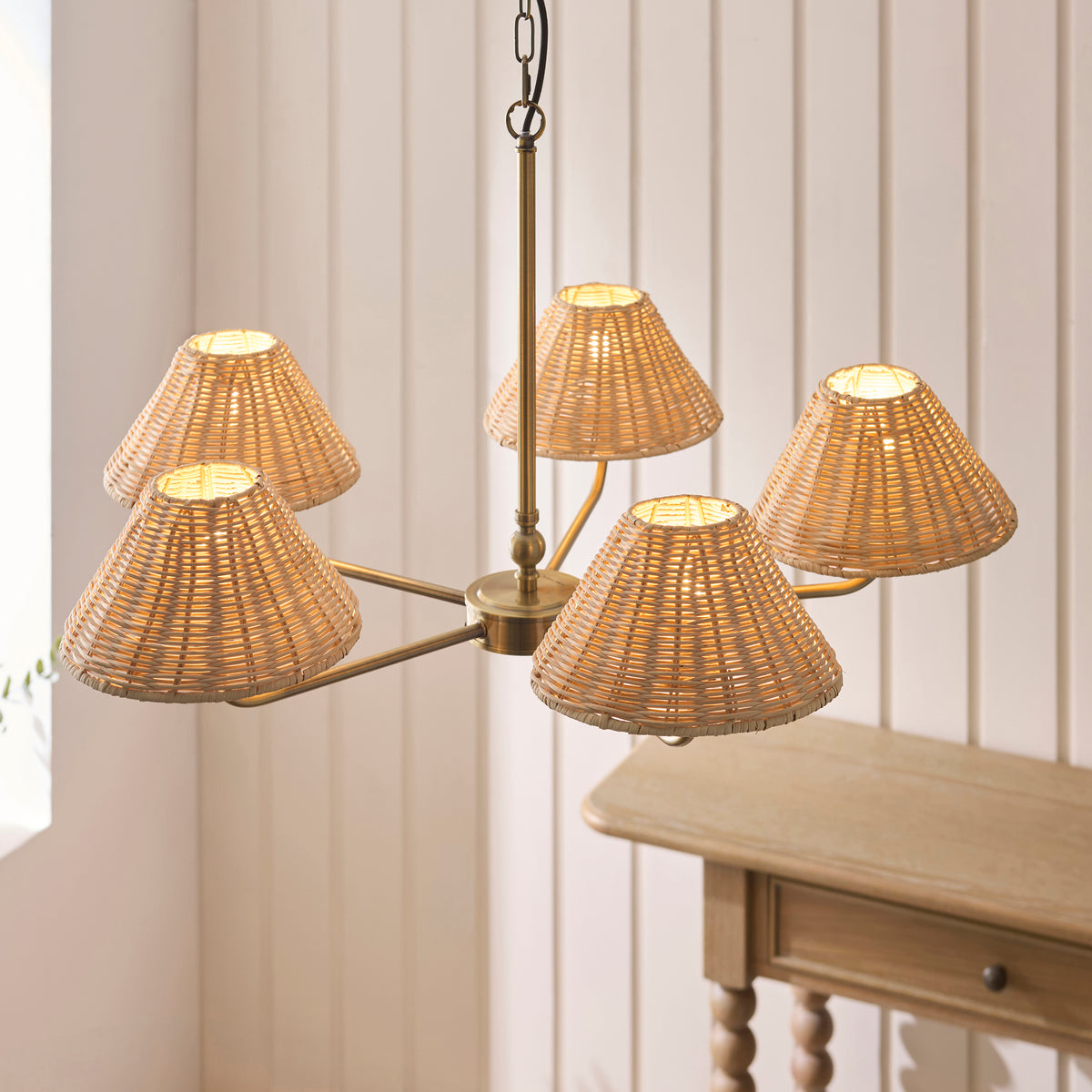 Endon Jericho 5lt Pendant Antique brass plate & natural rattan