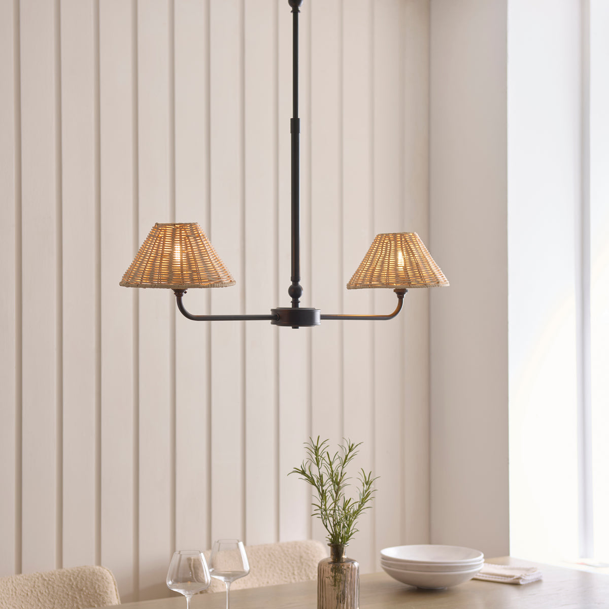Endon Jericho 2lt Linear Pendant Matt black & natural rattan