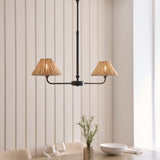 Endon Jericho 2lt Linear Pendant Matt black & natural rattan