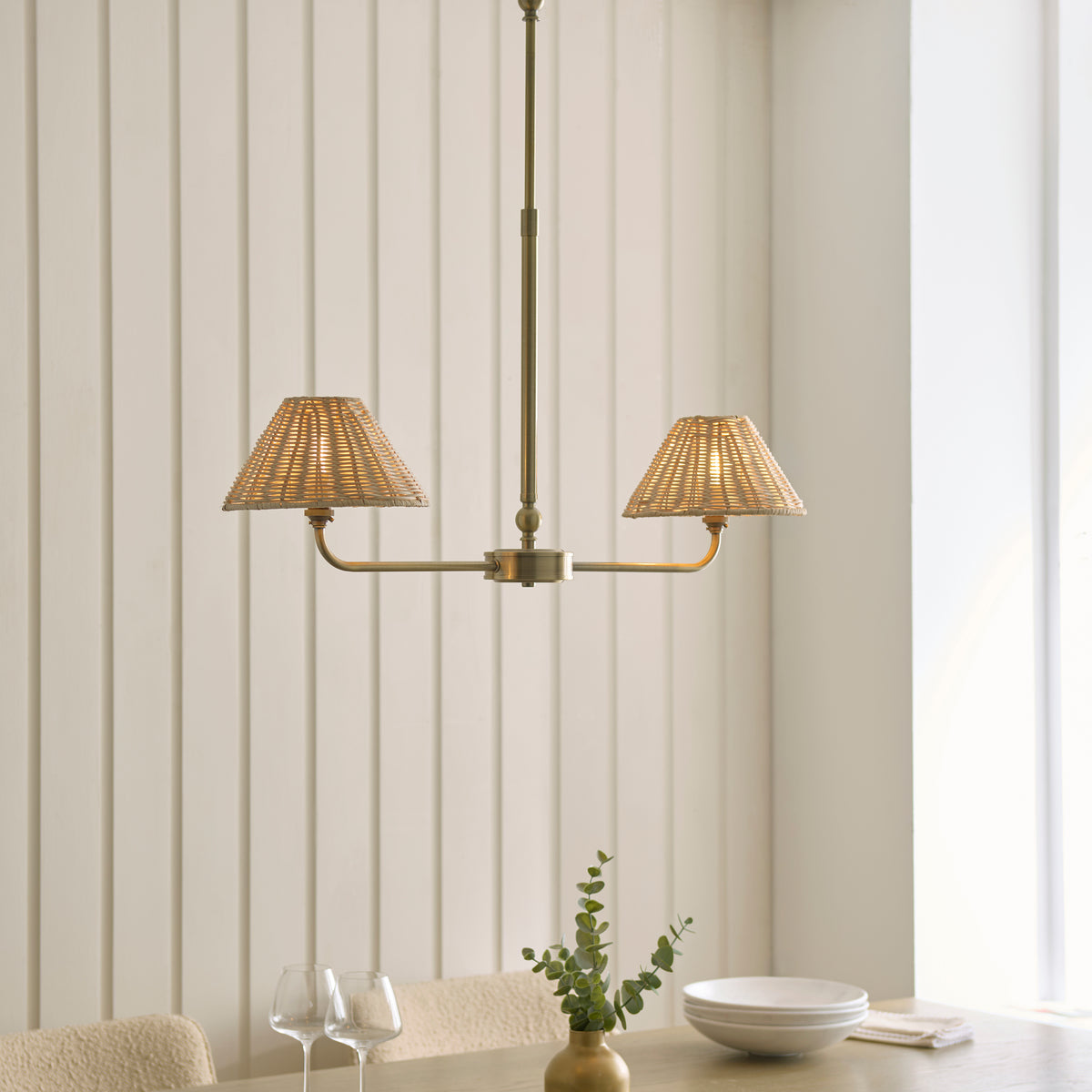 Endon Jericho 2lt Linear Pendant Antique brass plate & natural rattan