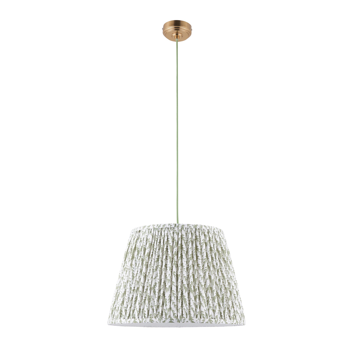 Endon Eltham & Leaf 40cm Pendant Brushed aged brass plate & herb garden green fabric
