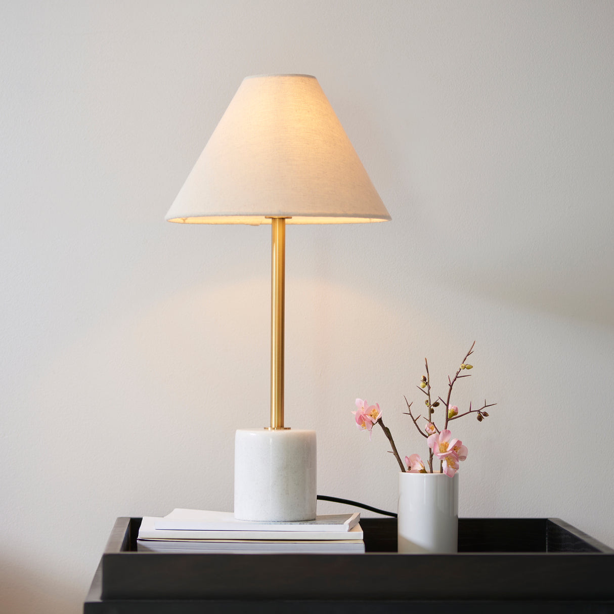 Amos Ronde Brushed Brass & Marble Table Lamp with Shade