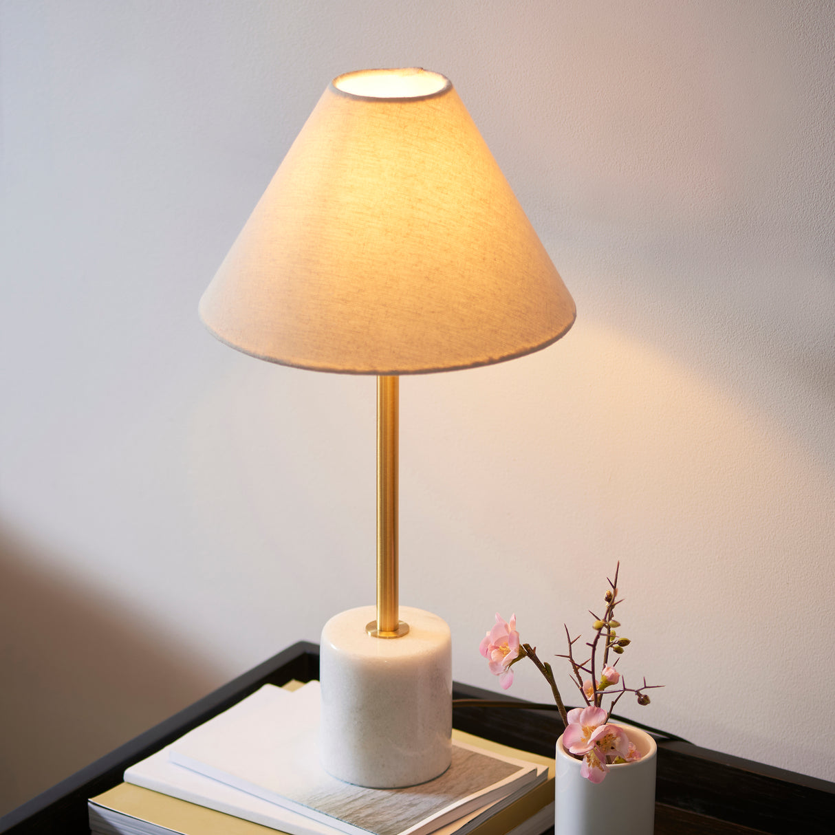 Amos Ronde Brushed Brass & Marble Table Lamp with Shade