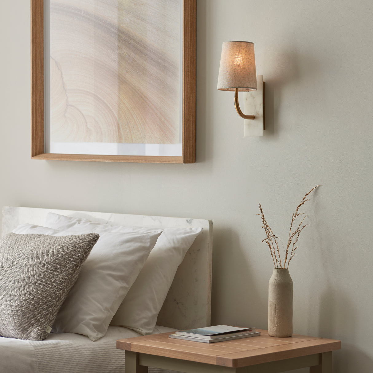 Amos Compton Marble Curved Wall Light with Tapered Linen Shade