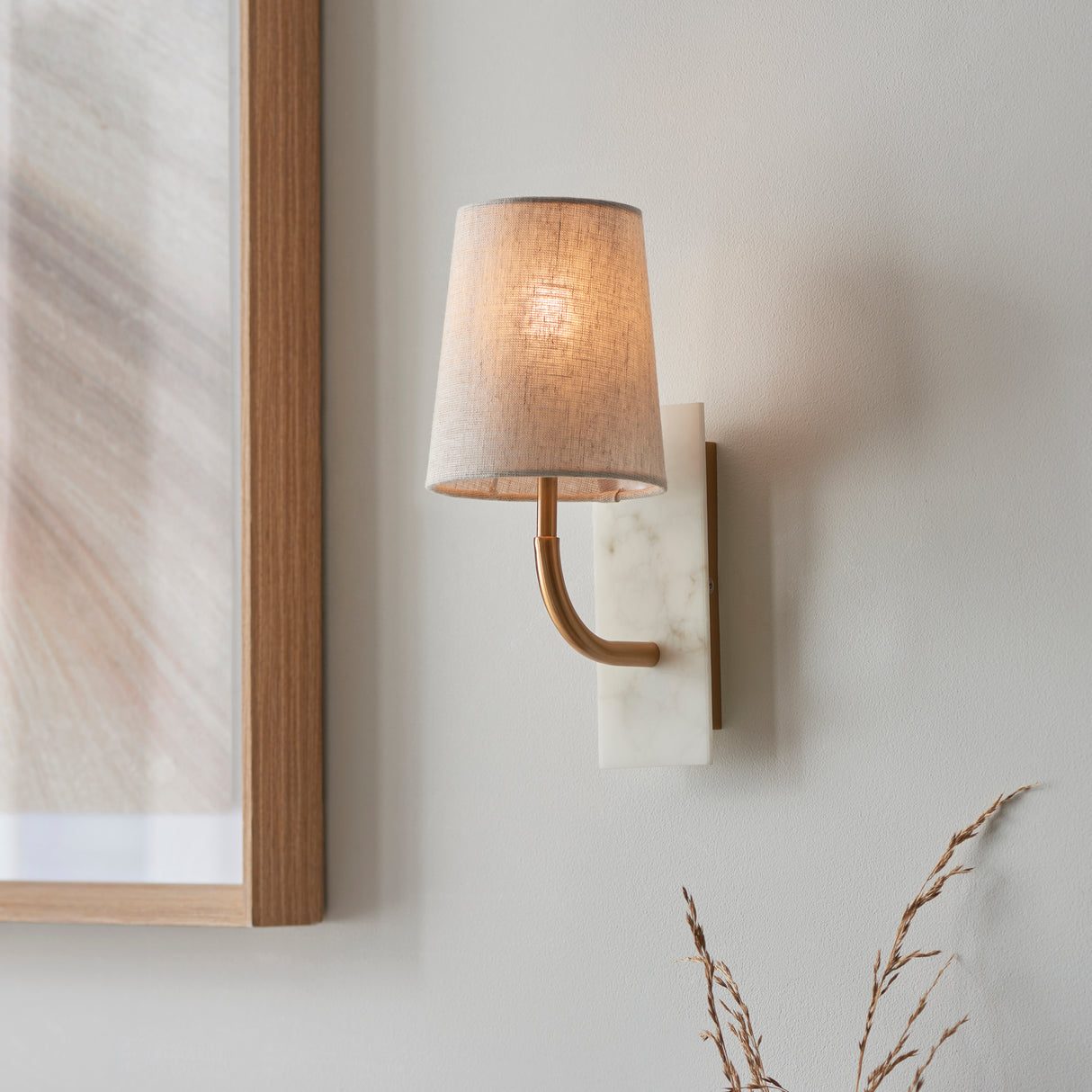 Amos Compton Marble Curved Wall Light with Tapered Linen Shade