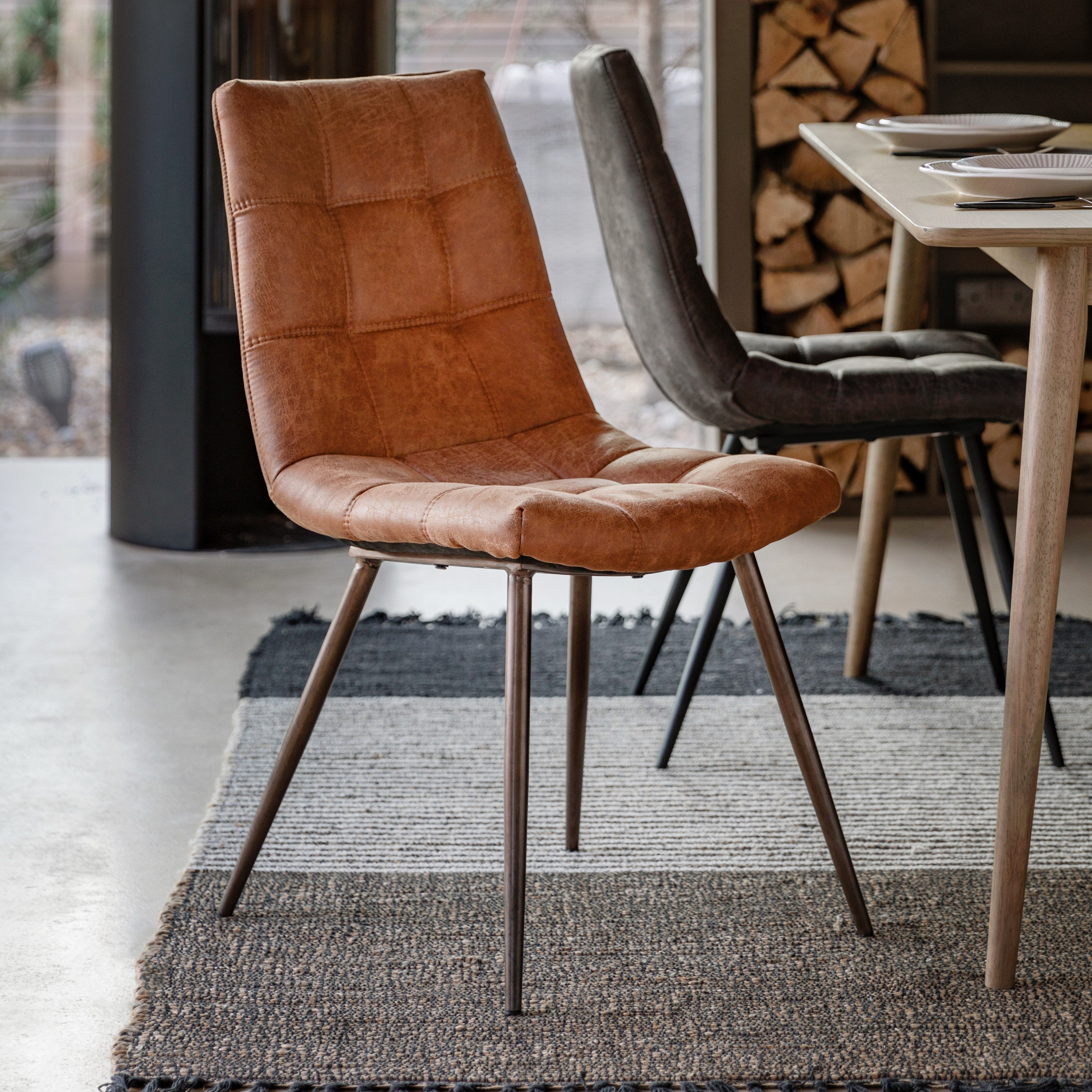 Darwin Brown Chair Set of 2 Faux Leather with Stitched Back | Amos