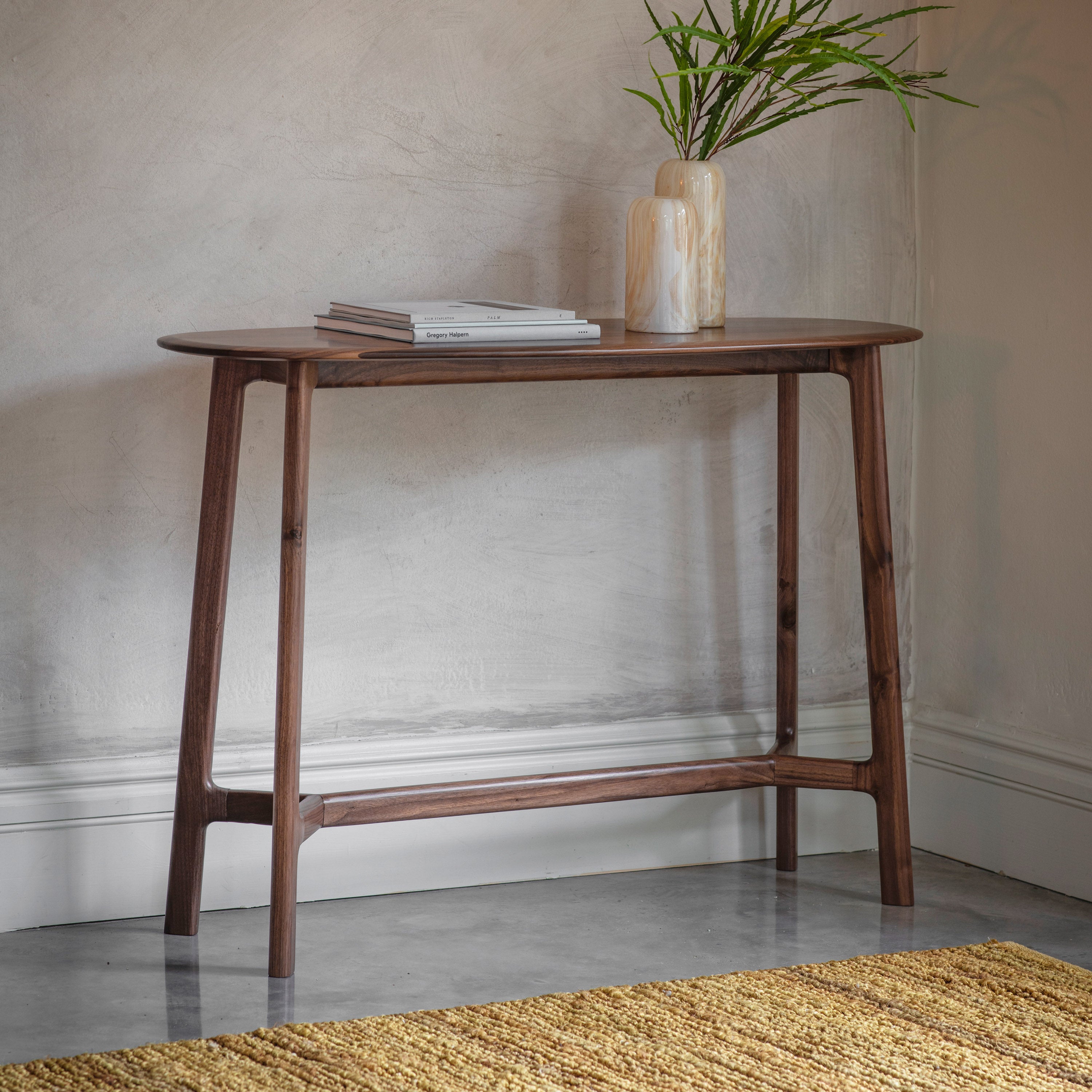 Madrid Console Table Walnut Mid-Century Boat Shaped Top | Amos