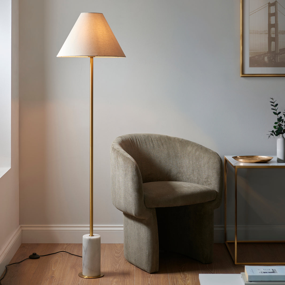 Amos Ronde Brushed Brass & Marble Floor Lamp with Shade