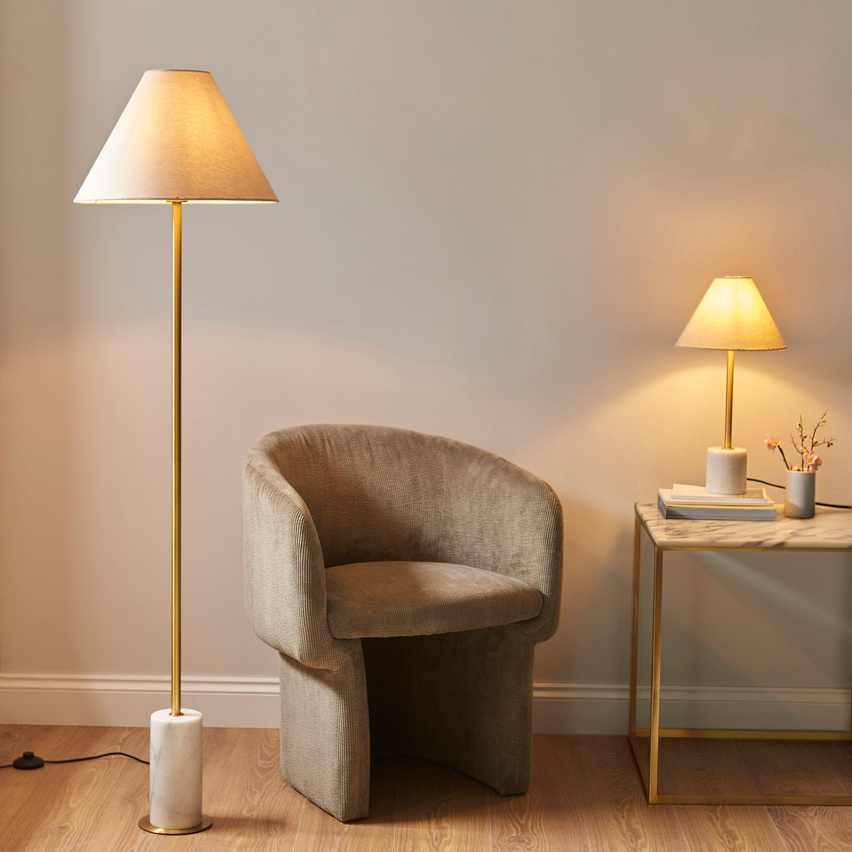 Amos Ronde Brushed Brass & Marble Floor Lamp with Shade