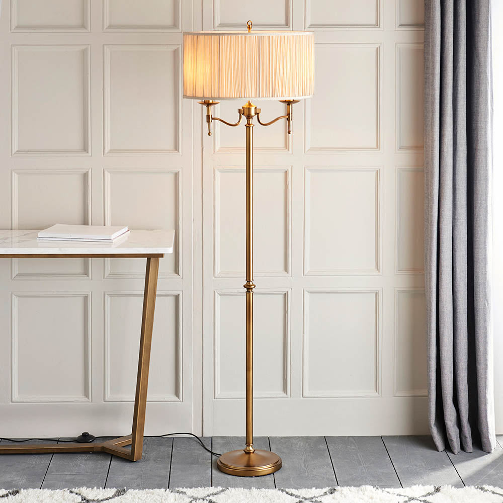 Interiors 1900 Stanford Floor Lamp Antique Brass with Champagne Shade