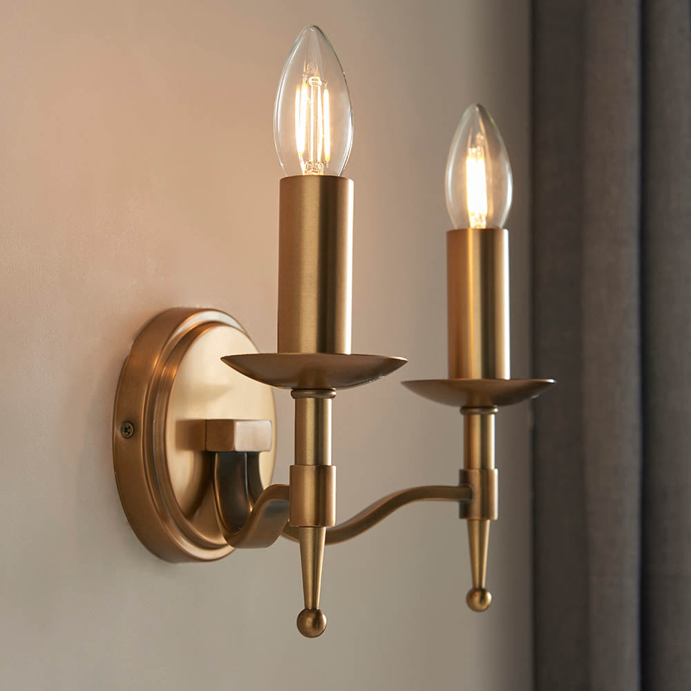 Interiors 1900 Stanford Twin Wall Light Antique Brass with Champagne Shade
