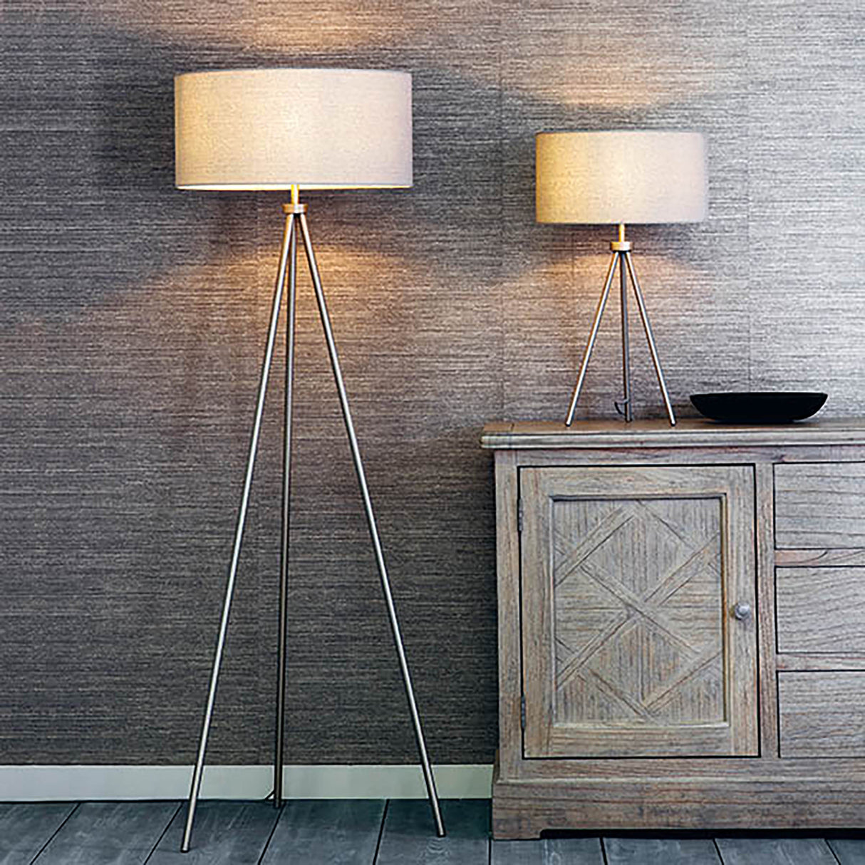 Endon Tri Floor Lamp Matt nickel plate & grey fabric