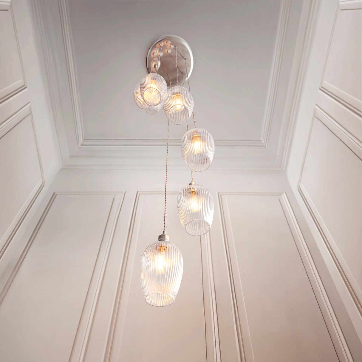 Amos Lucid Bright Nickel & Clear Ribbed Glass 7 Light Cascade