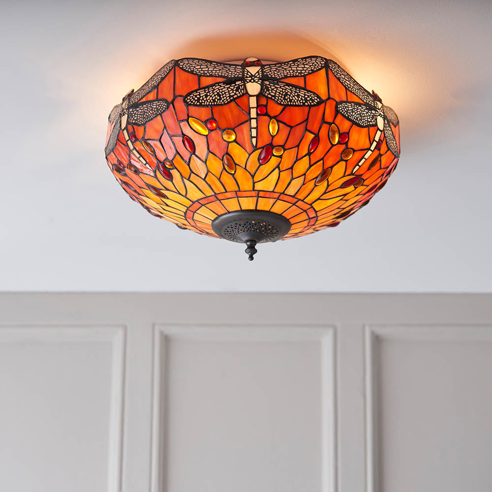 Tiffany Dragonfly Flame Medium 2lt Flush Ceiling Light