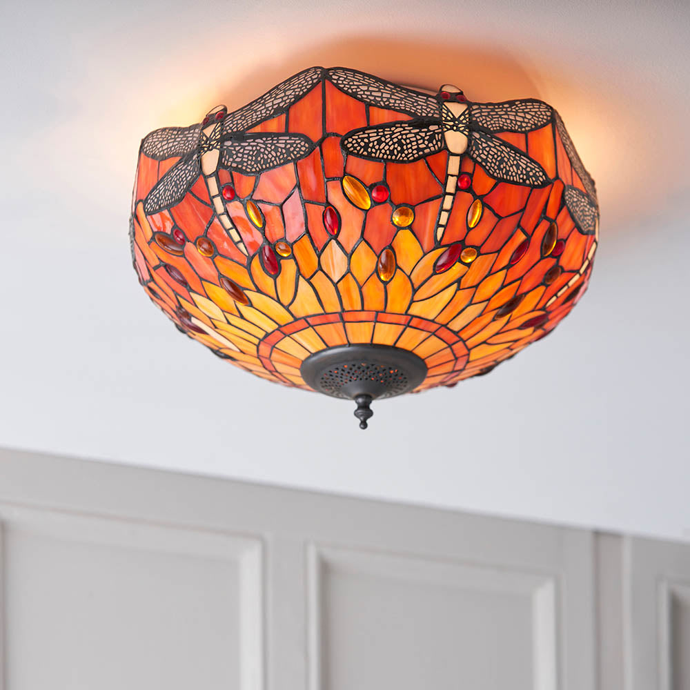 Tiffany Dragonfly Flame Medium 2lt Flush Ceiling Light