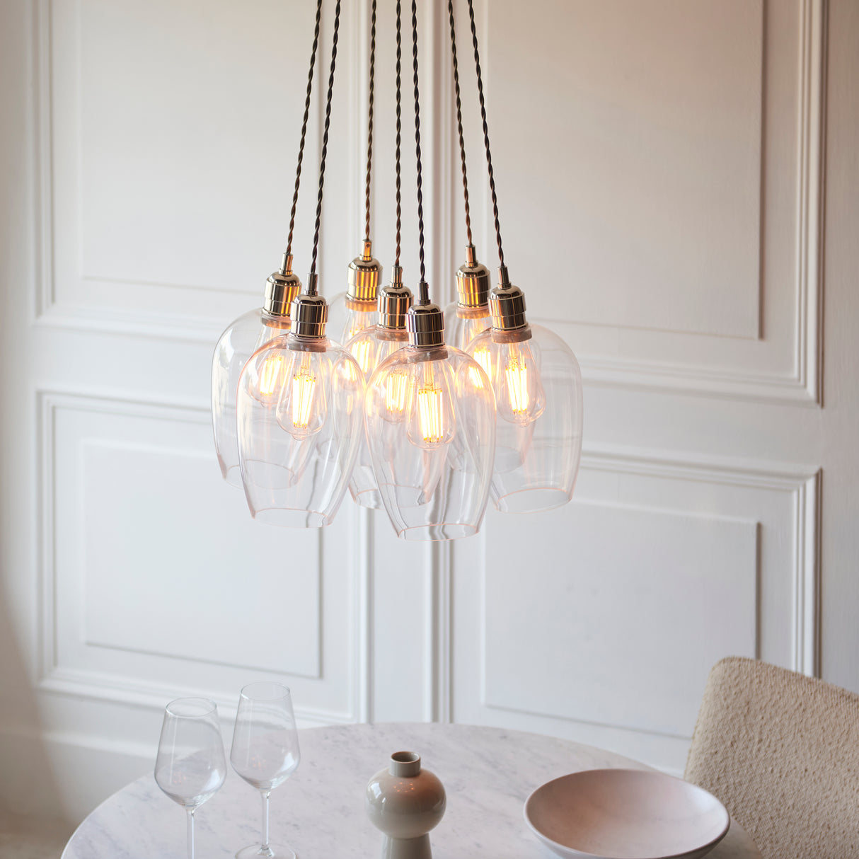 Amos Lucid Bright Nickel & Clear Glass 7 Light Cluster