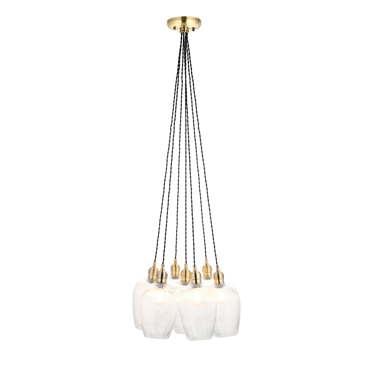 Amos Lucid Antique Brass & Clear Ribbed Glass 7 Light Cluster