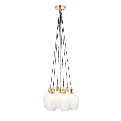 Amos Lucid Antique Brass & Clear Ribbed Glass 7 Light Cluster