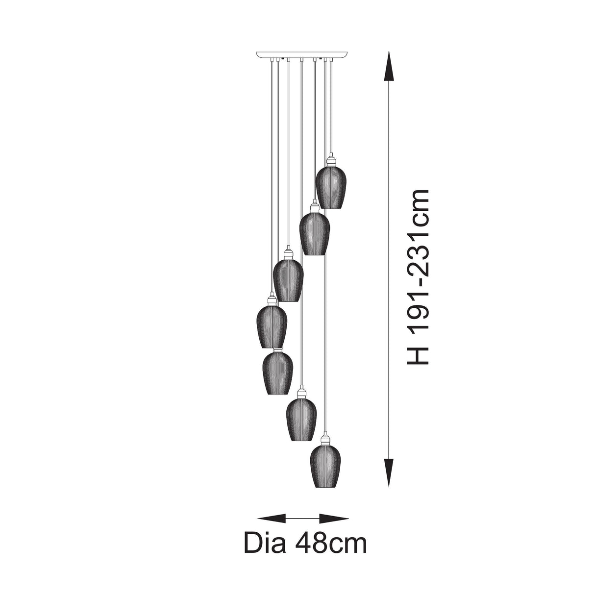 Amos Lucid Antique Brass & Clear Ribbed Glass 7 Light Cascade
