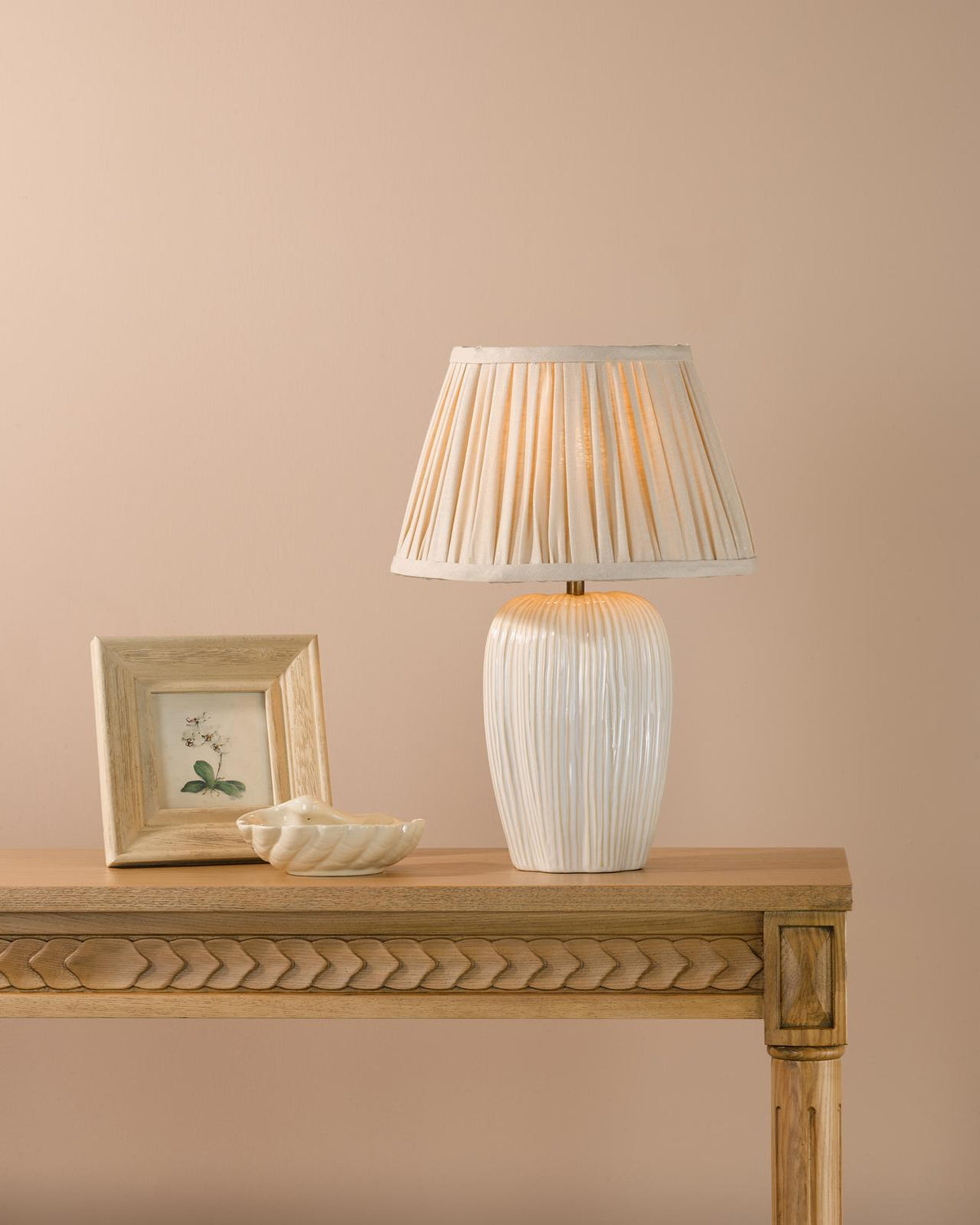 Dar Abigail Table Lamp Cream Ceramic and Antique Brass With Linen Pleated Shade