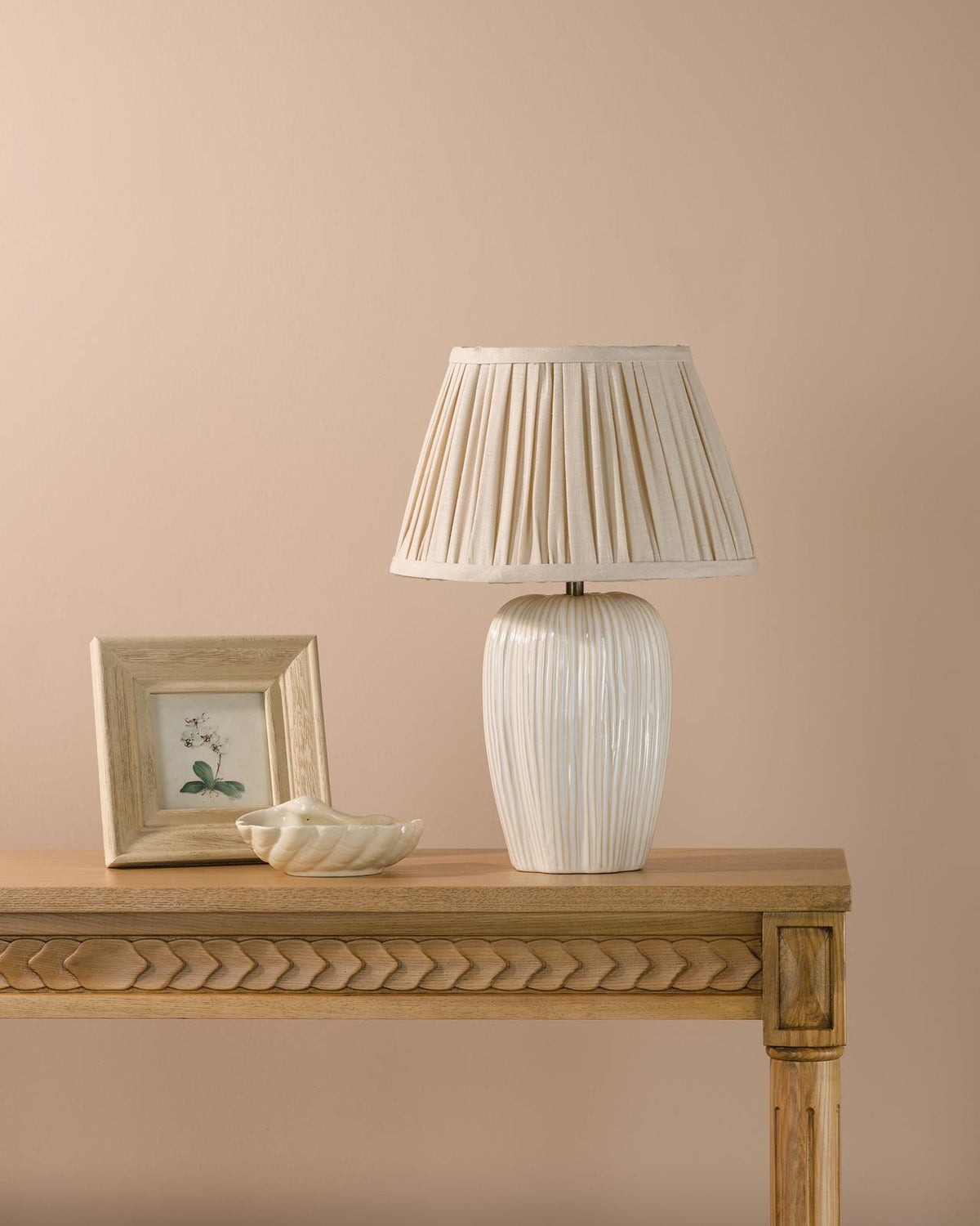 Dar Abigail Table Lamp Cream Ceramic and Antique Brass With Linen Pleated Shade